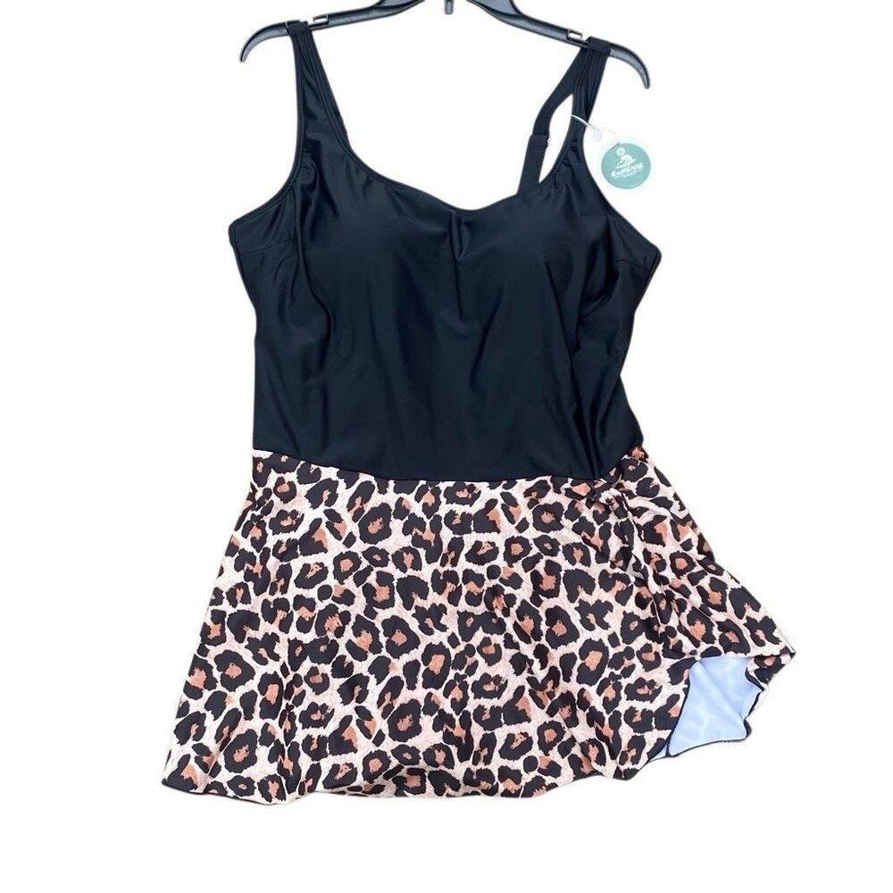 Eomenie Women’s 3X Black Leopard One Piece Swim Dress Swimsuit Side Tie NWT - Picture 2 of 4